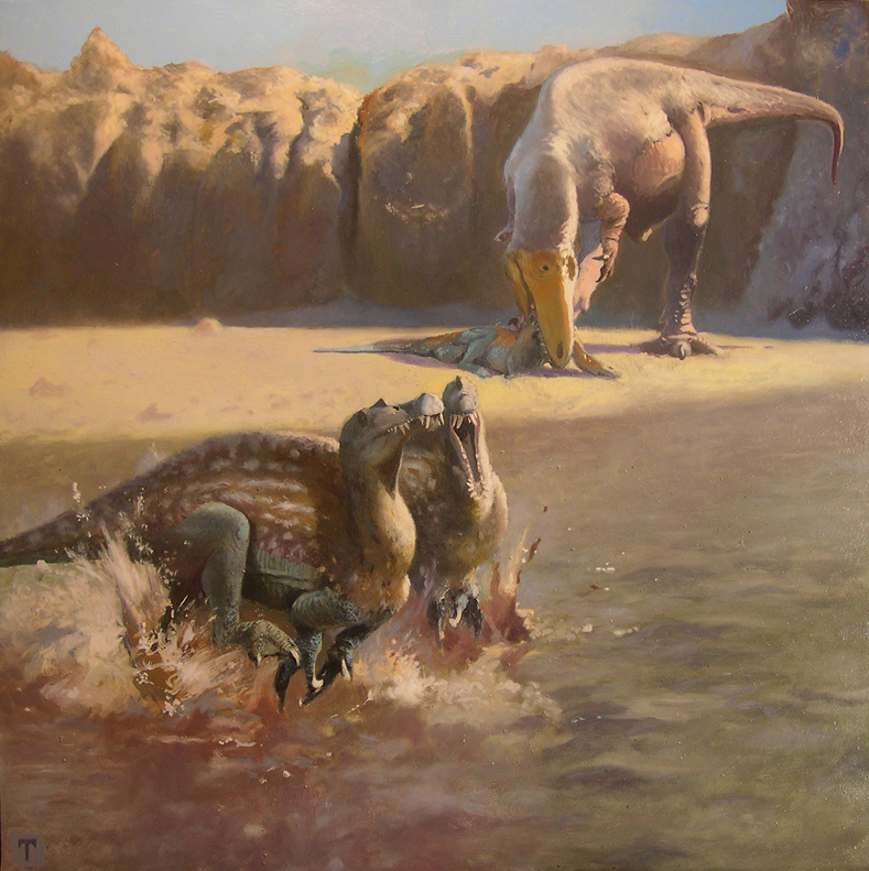Reconstrucció de Sauroniops pachytholus, al fons menjant-se un Spinosaurus juvenil (un combat entre dos espinosaures en primer pla). Dibuix de Emiliano Troco.