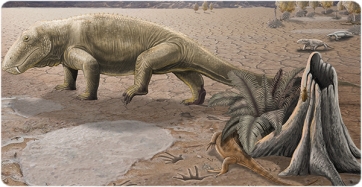 Recreació del paleoambient del Guadalupià al Berguedà (Catalunya) i la fauna relacionada: a l'esquerra el productor de Brontopus, a la dreta parcialment amagat el productor de Dromopus i al fons a la dreta dos productors d’Hyloidichnus. Roc Olivé / © Institut Català de Paleontologia Miquel Crusafont. Amb la col·laboració de la Fundación Española para la Ciencia y la Tecnología – Ministerio de Economía, Industria y Competitividad.