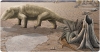 Recreació del paleoambient del Guadalupià al Berguedà (Catalunya) i la fauna relacionada: a l'esquerra el productor de Brontopus, a la dreta parcialment amagat el productor de Dromopus i al fons a la dreta dos productors d’Hyloidichnus. Roc Olivé / © Institut Català de Paleontologia Miquel Crusafont. Amb la col·laboració de la Fundación Española para la Ciencia y la Tecnología – Ministerio de Economía, Industria y Competitividad.
