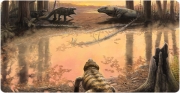 Recreació paleoambiental de la serra de Tramuntana durant el Permià. En primer pla, un petit captorrínid moradisaurí. Al fons, dos pelicosaures s’apropen a un captorrínid moradisaurí de mida més grossa