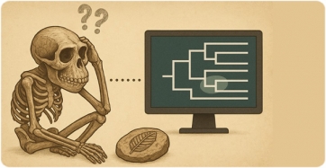 AI generated image:Primate skeleton scratching its head, pondering the placement of a fossil in a phylogenetic tree.