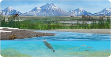 Recreació de la vida de la flora i fauna més rellevants del jaciment del Plistocè Inferior de la Pedrera de Lignit de Dursunlu. Il·lustració de Roc Olivé (Institut Català de Paleontologia Miquel Crusafont / FECYT)